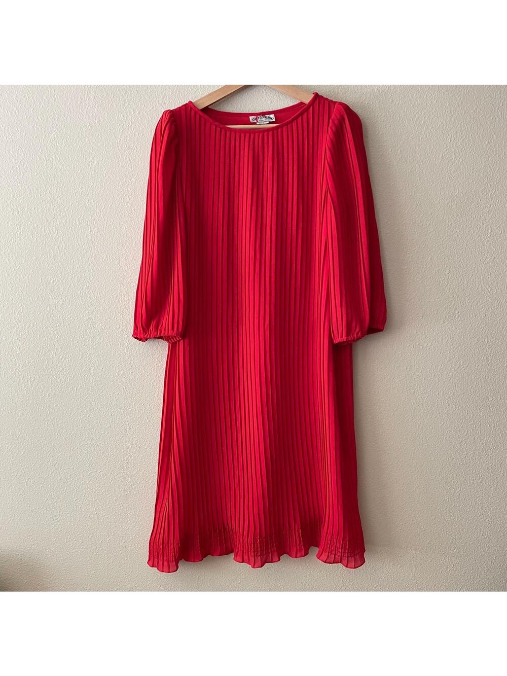 80s vintage red pleated midi dress with puff sleeves maximalist